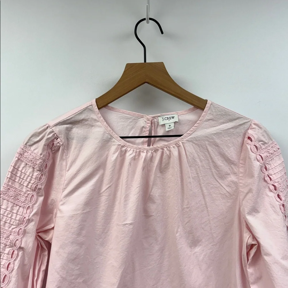J. Crew Cotton Poplin Pleated Eyelet Puff Sleeve Popover Shirt Pink Small